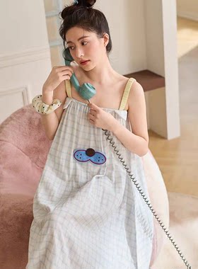 黛梦思2026新款吊带睡裙女夏季纯棉蓝格子家居服无袖甜美少女睡衣