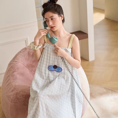 黛梦思2026新款吊带睡裙女夏季纯棉蓝格子家居服无袖甜美少女睡衣