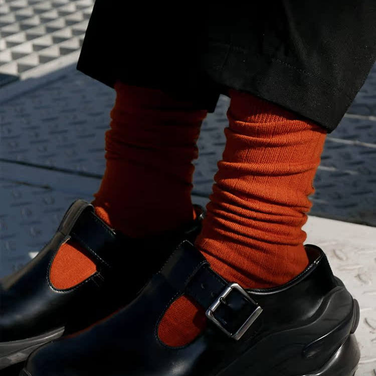 日系中筒橘色袜子女夏薄款堆堆袜