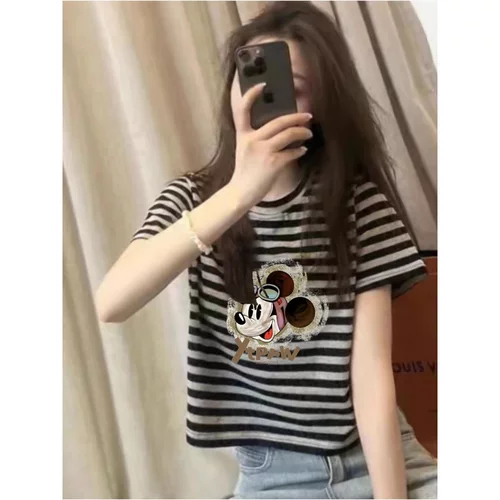 韩系条纹夏季新款爆款短袖t恤女百搭高级感短款卡通印花上衣