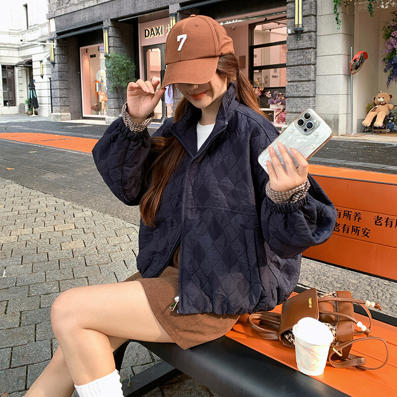 巨好看格纹拼接藏青色棉衣棉服女冬季2025新款独特超好看显瘦外套图片