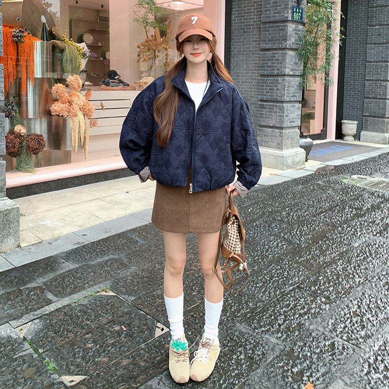 巨好看格纹拼接藏青色棉衣棉服女冬季2025新款独特超好看显瘦外套图片