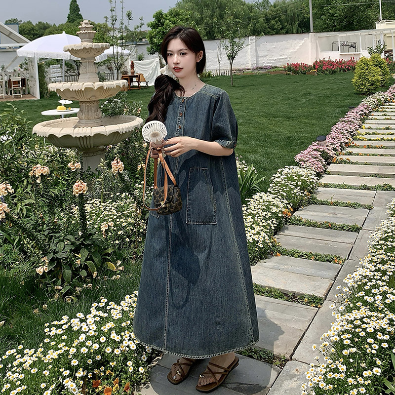 法式复古巨好看温柔风连衣裙女2025夏季新款宽松显瘦百搭牛仔长裙,女装连衣裙,2D118