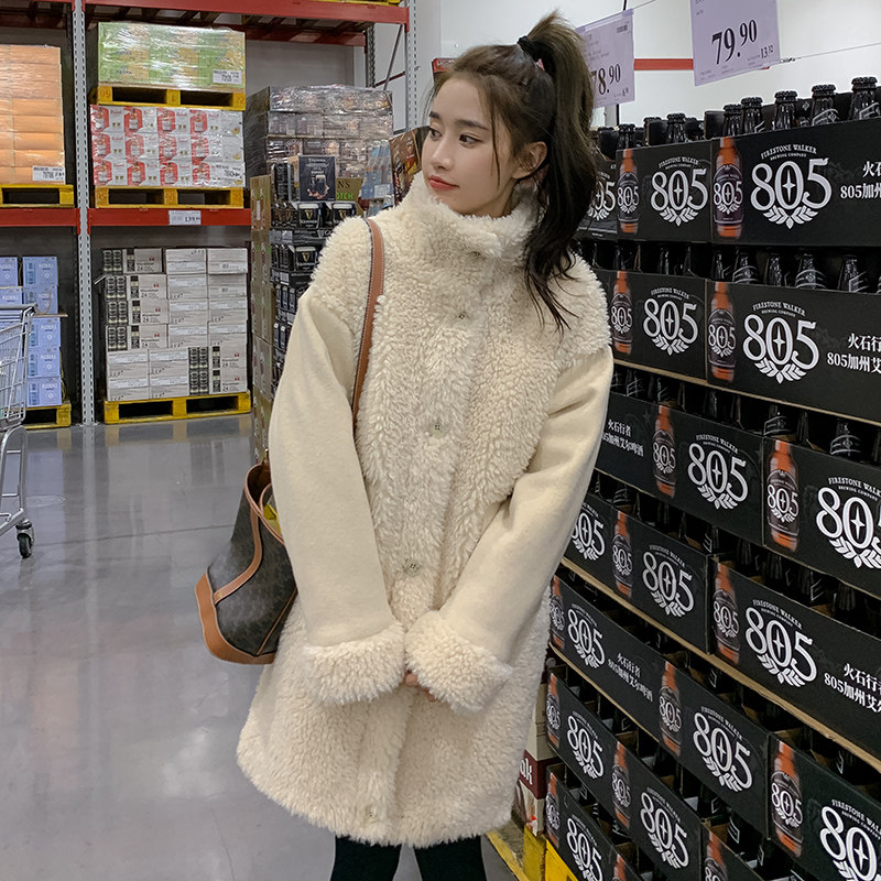 毛呢拼接羊羔毛羽绒服女中长款2025新款韩系保暖加厚白鸭绒呢外套,女装羽绒服,2D118