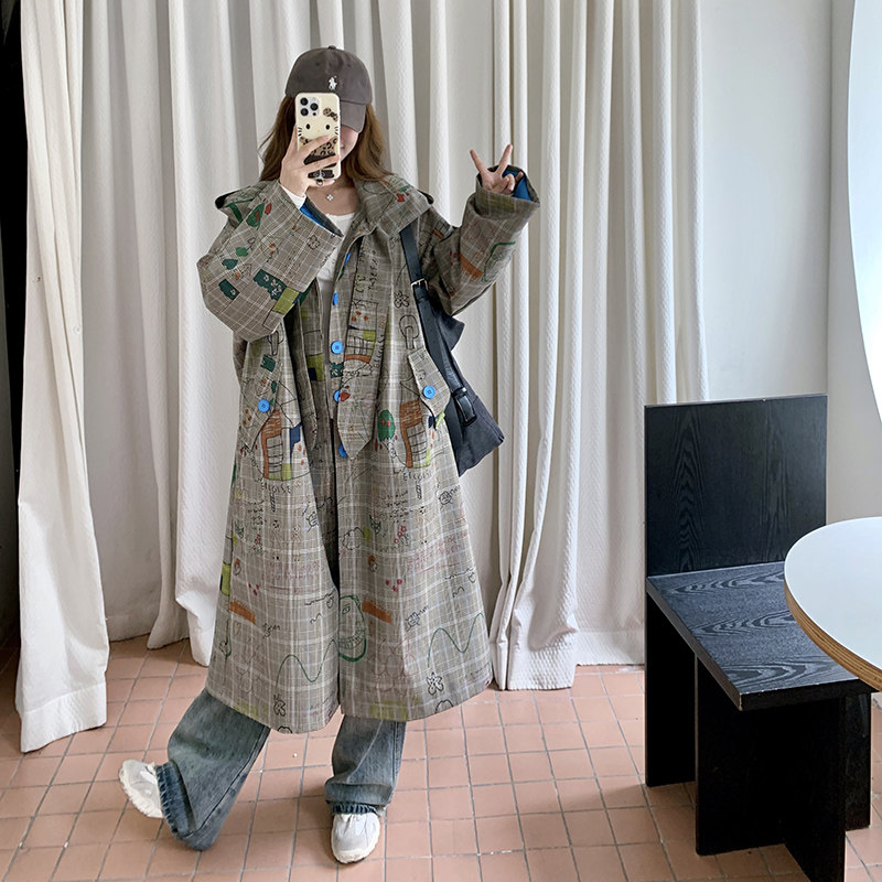 复古涂鸦格子风衣女2025年秋季新款独特超好看宽松休闲中长款大衣图片
