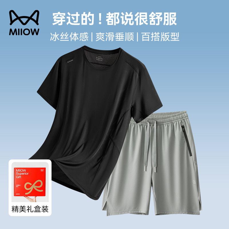 猫人爸爸套装2025夏季新款男士冰丝短袖t恤短裤中老年父亲节衣服
