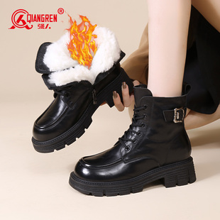 强人3515厚底马丁靴女冬季 保暖加厚英伦短靴户外加绒防寒靴羊毛靴