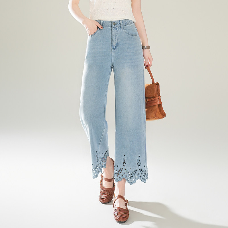 重工镂空刺绣阔腿牛仔裤女2026春夏新款高腰显瘦九分直筒休闲裤薄
