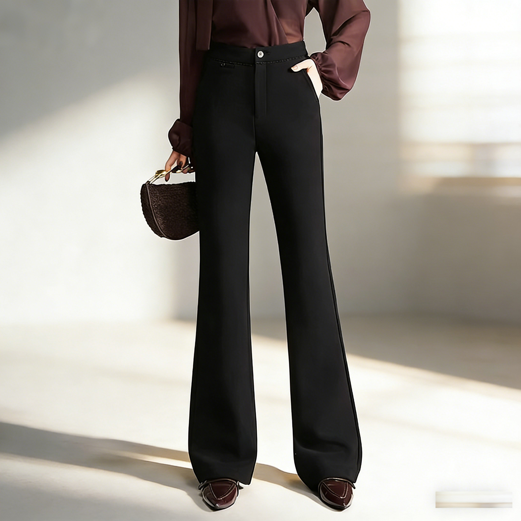 高级感黑色微喇西装裤女高腰显瘦垂坠感阔腿裤气质休闲通勤拖地裤