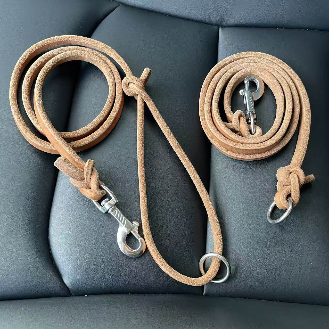 原色赛级狗牛皮牵引绳狗绳德牧马犬金毛杜宾遛狗1.2宽比赛牛皮绳