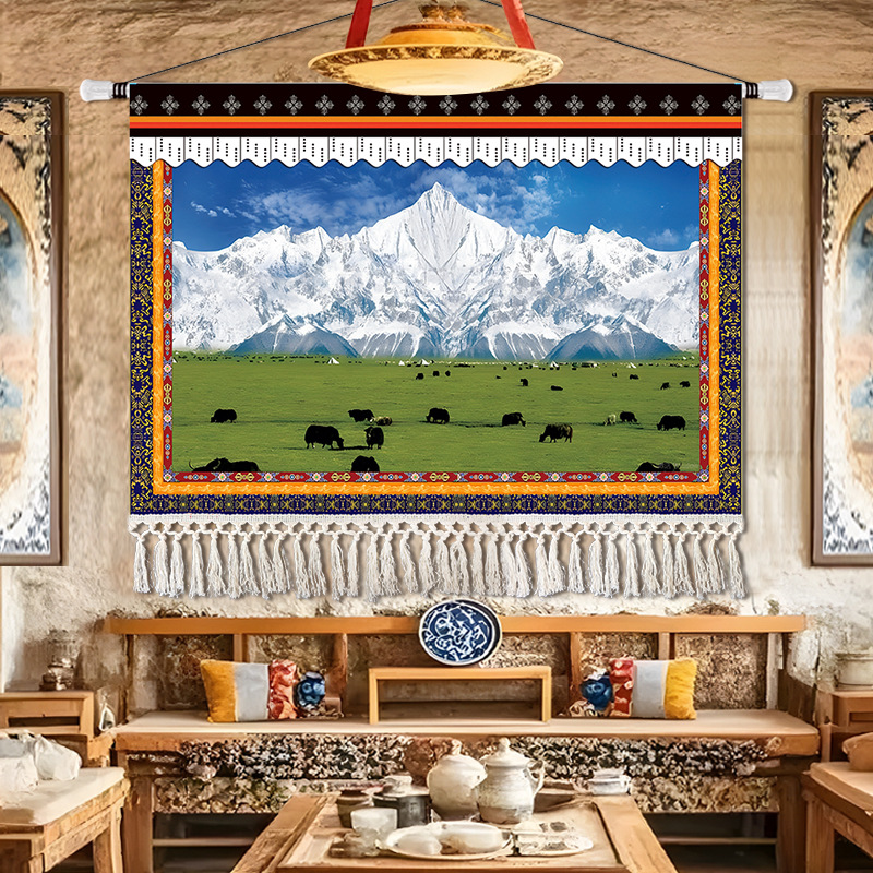 西藏雪山牦牛布艺挂画藏式酒店民宿饭店卧室餐厅包厢背景装饰挂布图片