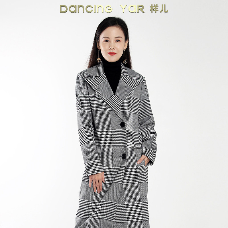 YAR样儿秋冬新款西装领黑白格子中长款女风衣外套经典简洁大牌
