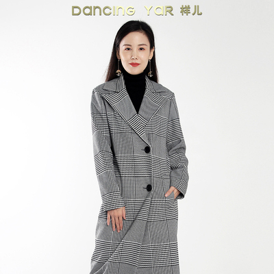 YAR样儿秋冬新款西装领黑白格子中长款女风衣外套经典简洁大牌