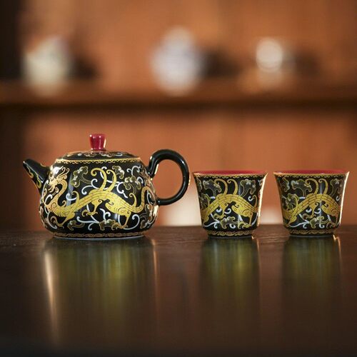 金银龙戏珠拓香壶3入一壶两杯描金功夫茶具球孔泡茶壶茶杯礼盒装