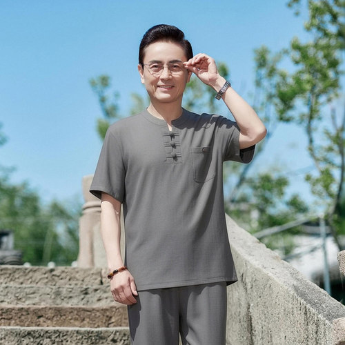 0724款夏季中年男装亚麻套装宽松休闲爸爸短袖中老年棉麻爷爷P85
