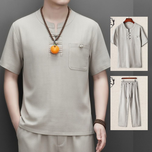 0724款夏季中年男装亚麻套装宽松休闲爸爸短袖中老年棉麻爷爷P85