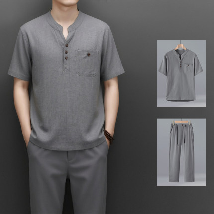 29507款中式棉麻唐装男短袖两件套装中国风亚麻汉服禅修居士服P85
