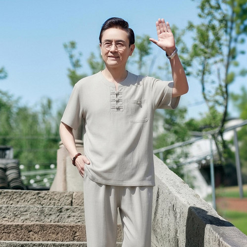 0724款夏季中年男装亚麻套装宽松休闲爸爸短袖中老年棉麻爷爷P85