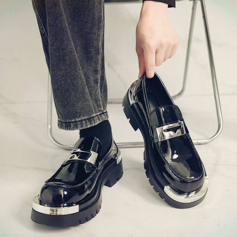 皮鞋男款漆皮亮面商务休闲韩版英伦风增高6cm结婚鞋一脚蹬豆豆鞋