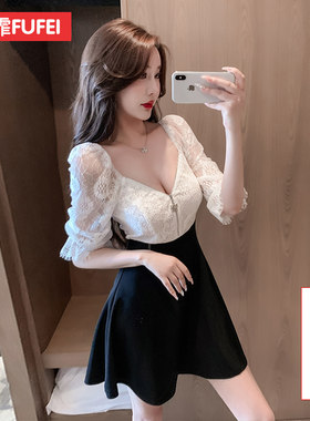 收腰遮肚子连衣裙性感A字裙 冬季穿搭夜场工作服低胸设计 聚酯纤