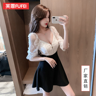 收腰遮肚子连衣裙性感A字裙 冬季穿搭夜场工作服低胸设计 聚酯纤