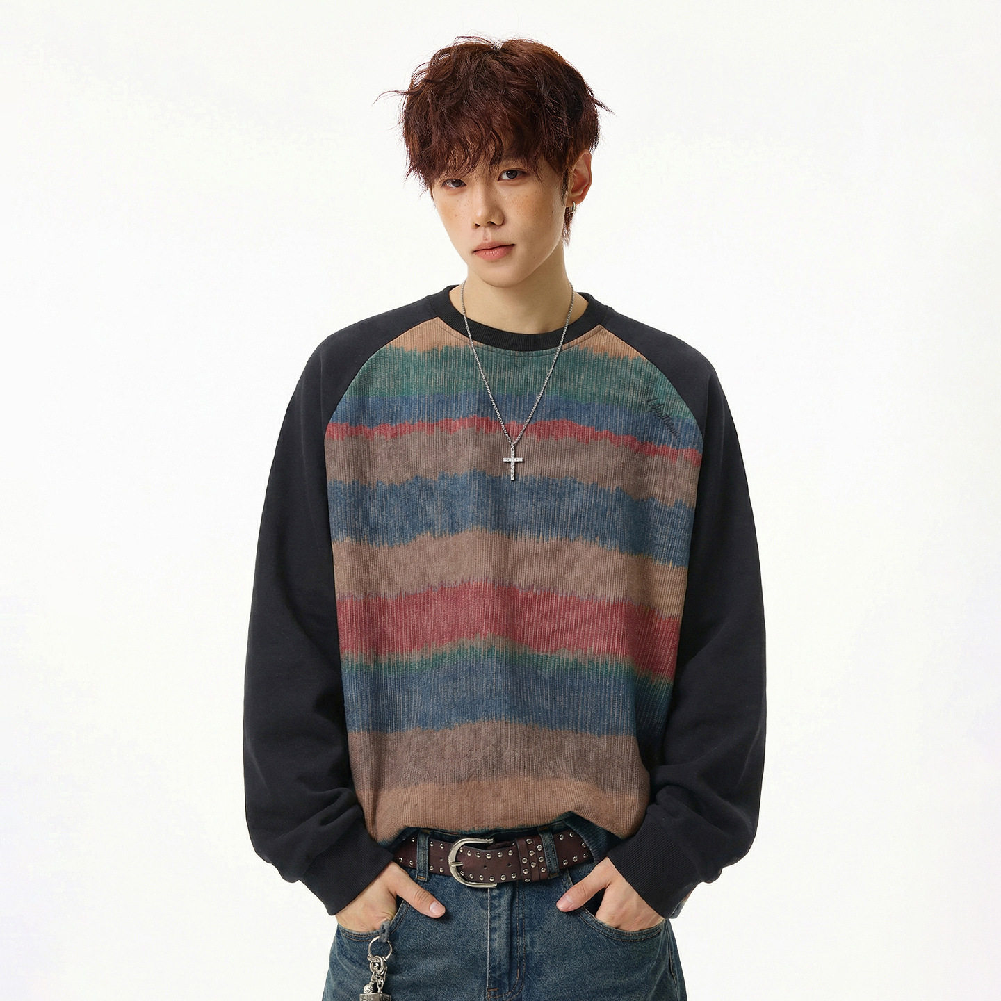 复古美式拼色渐变圆领卫衣男春季款撞色插肩袖潮牌质感套头衫上衣