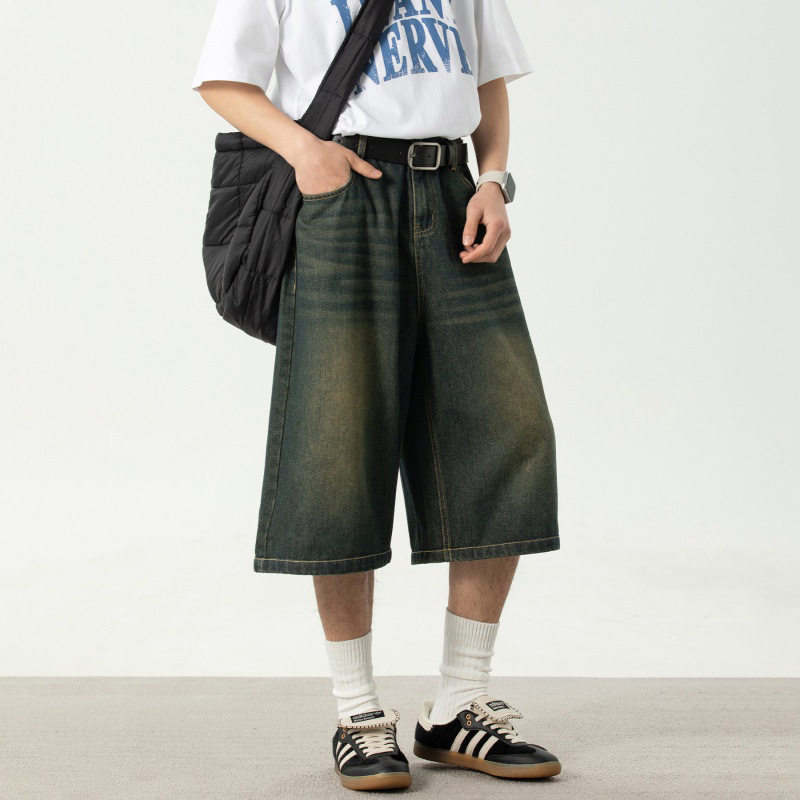 水洗做旧复古阔腿牛仔裤男夏季款直筒中裤宽松休闲半松紧七分短裤