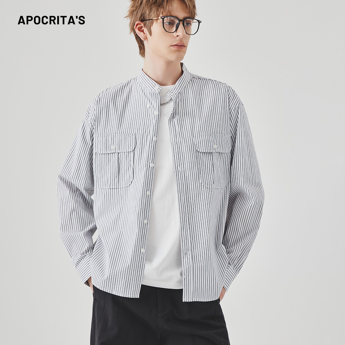 ONES独作竖条纹衬衫男2026春季新款休闲百搭立领长袖衬衣外套男款