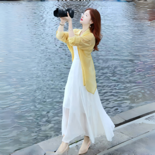 吊带裙两件套装 海边度假连衣裙女冰丝防晒衬衫 长裙 薄款 高档夏季