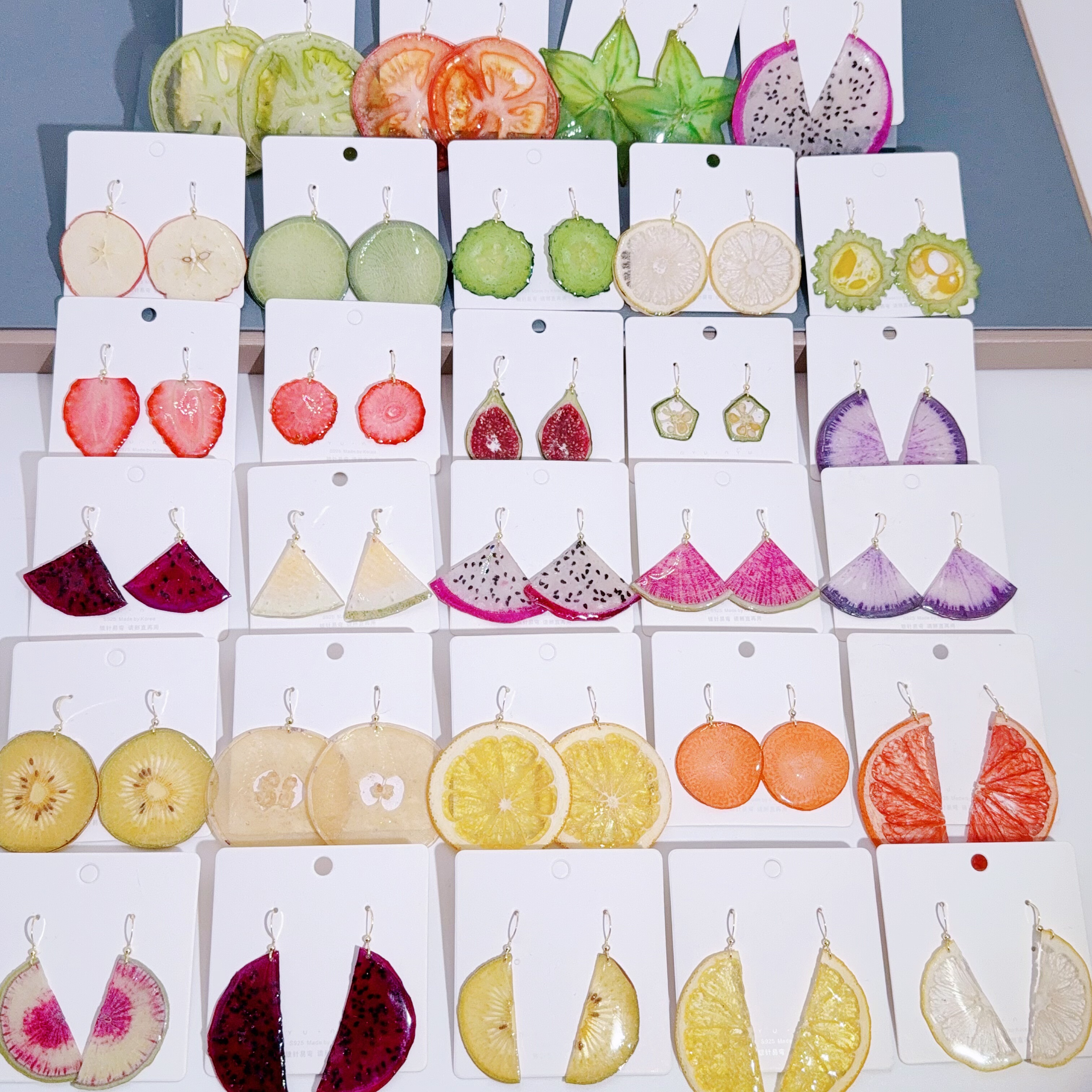 真水果耳环天然柠檬草莓橙子猕猴桃杨桃无花果苹果滴胶手工耳饰