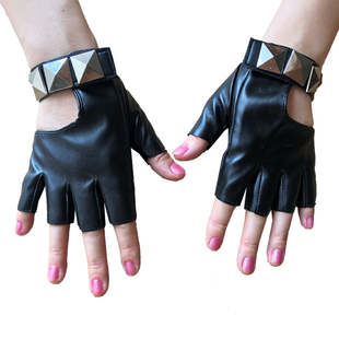 表演手套霹雳街舞道专用学生跳舞无指铆钉工装露指半指朋克