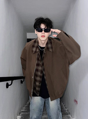 美式复古棕色外套男款春秋感美拉德假两件夹克翻领短款棒球服