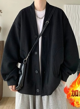 春秋纯黑色日系慵懒风外套男潮感华夫格v领针织开衫情侣夹克
