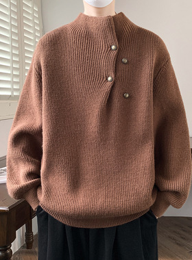 保暖纽扣设计感半高领毛衣男2025秋冬款潮牌青少年内搭休闲针织衫