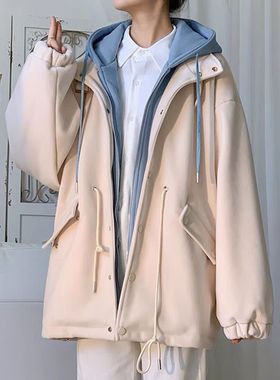 韩版新款假两件外套男秋冬季加厚青少年高街ins连帽毛呢风衣服男