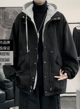 假两件外套男秋冬季韩版宽松连帽毛呢大衣ins暗黑系高街潮流外套
