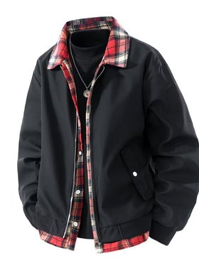 秋冬新款假两件格子拼接工装夹克感男士外套美式撞色冲锋衣