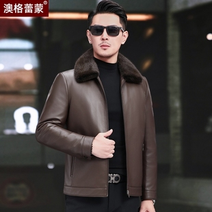 新款海宁真皮皮衣男头层绵羊皮羽绒服短款水貂翻领中老年皮夹克冬