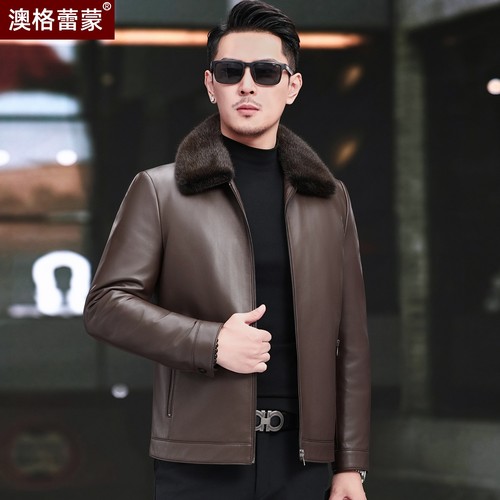 海宁真皮皮衣男加厚羽绒服中老年