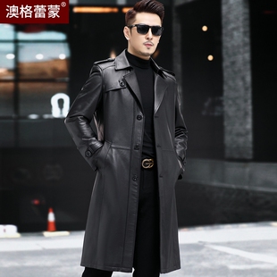 秋冬新款海宁真皮皮衣男绵羊皮长款过膝皮风衣西装领薄款单皮外套