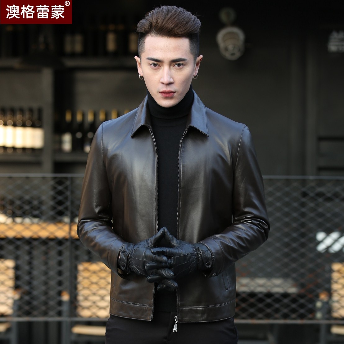 海宁真皮皮衣男士头层绵羊皮短款翻领中老年皮夹克商务休闲爸爸装