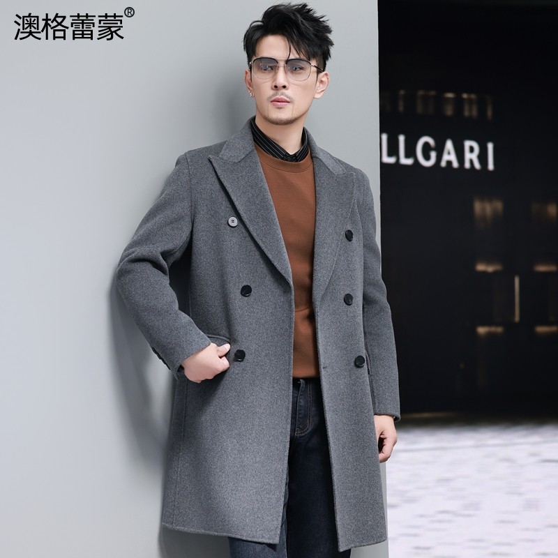秋冬羊绒大衣男中长款双排扣羊毛风衣英伦风西装翻领双面呢子外套