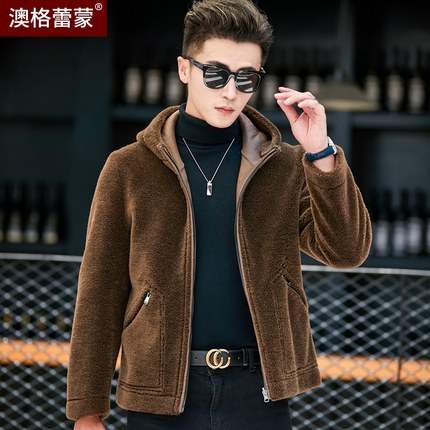 断码清仓羊剪绒外套男皮毛一体短款羊羔毛夹克连帽颗粒皮草大衣潮