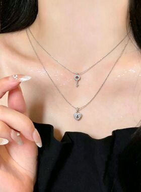 双层叠戴日韩精致微镶满锆爱心锁头钥匙钛钢项链女简约小众锁骨链
