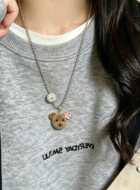 少女可爱甜酷风立体植绒小熊钛钢项链百搭卡通泰迪熊卫衣链毛衣链