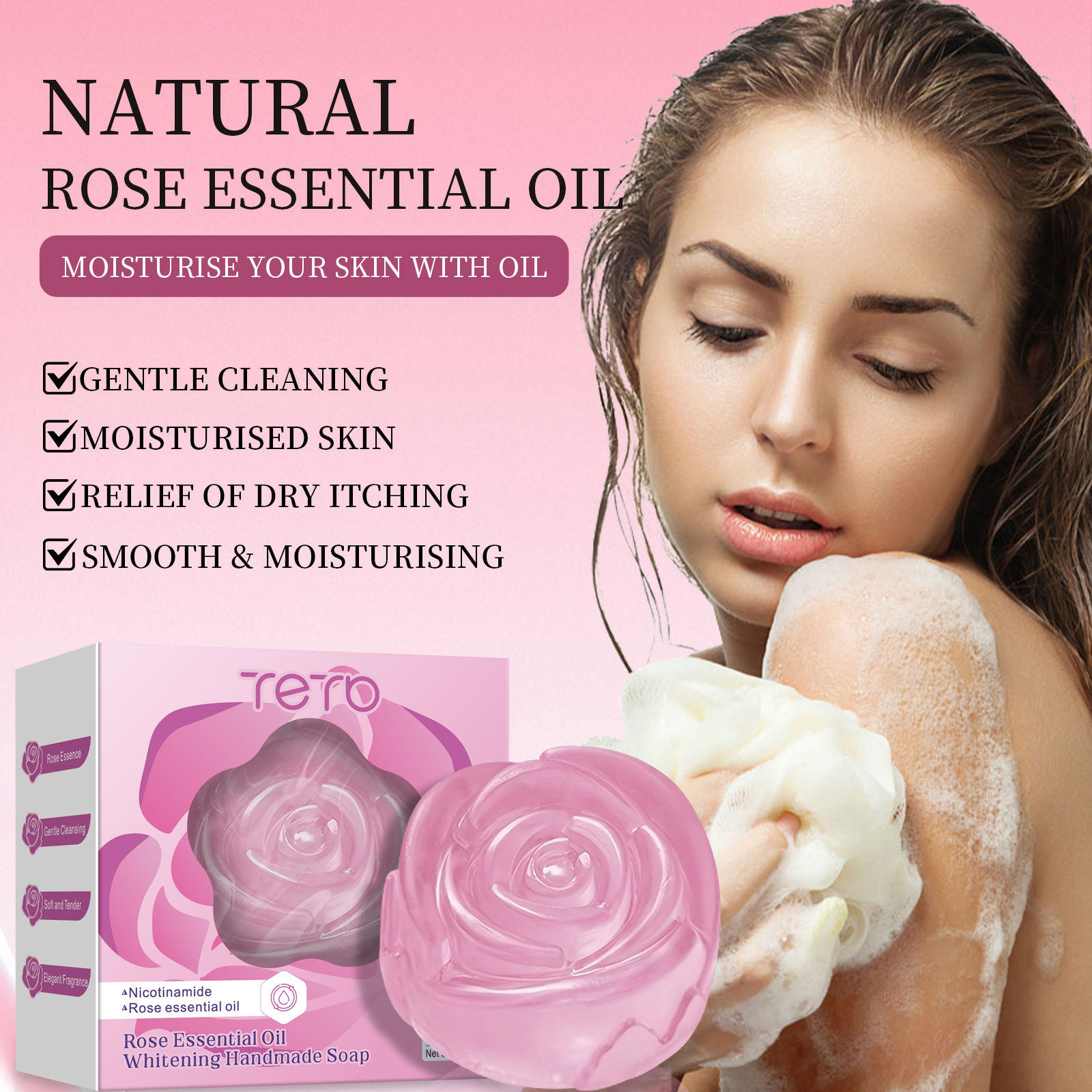 TETB玫瑰精油美白皂全英文身体洁面沐浴Soap跨境外贸厂家现货