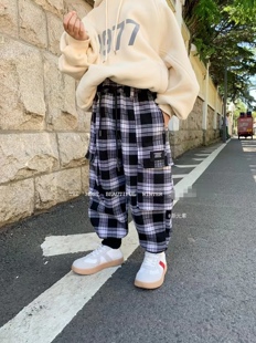 新元素中大童秋冬男女童一体绒工装裤潮黑白格束脚口加绒休闲长裤