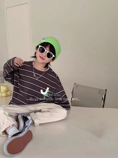 新元素中大童重装春秋韩版条纹纯棉圆领宽松休闲套头卫衣