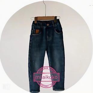 米莱milaikoko冬款韩版男女童一体绒牛仔裤百搭休闲修身小脚长裤