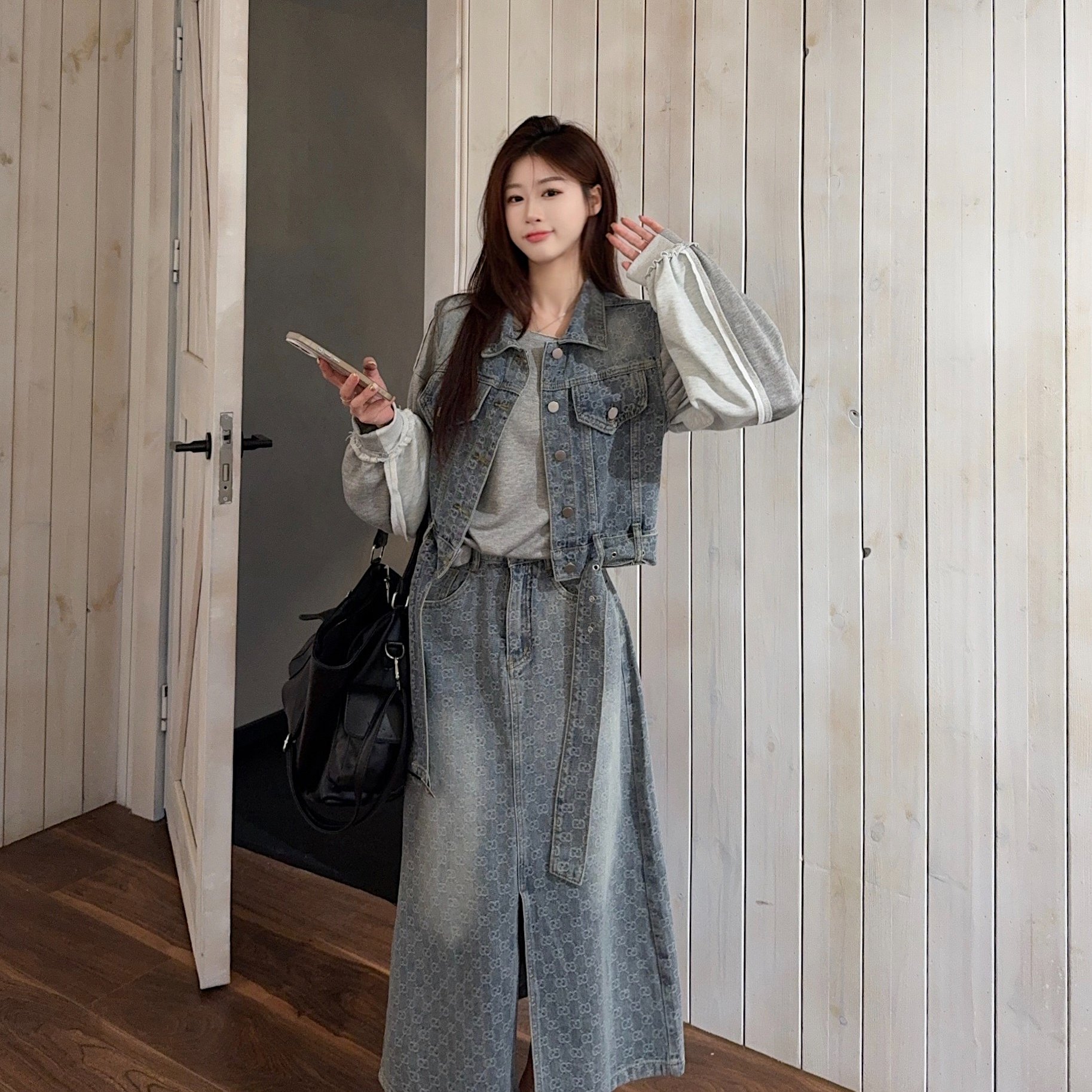 实拍实价 早秋港风复古牛仔套装裙女短款上衣新款半身裙两件套